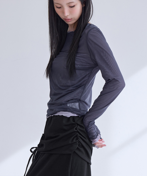 Mesh Shirring Layered Long Sleeve, 3colors