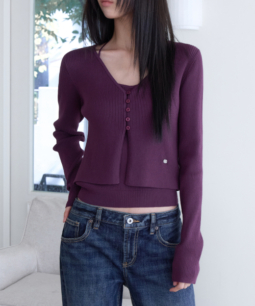 Slim Rib Knit Top&Cardigan Set, PURPLE