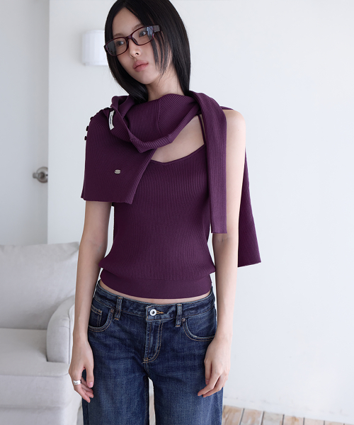 Slim Rib Knit Top&Cardigan Set, PURPLE