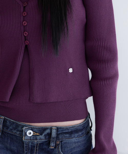 Slim Rib Knit Top&Cardigan Set, PURPLE
