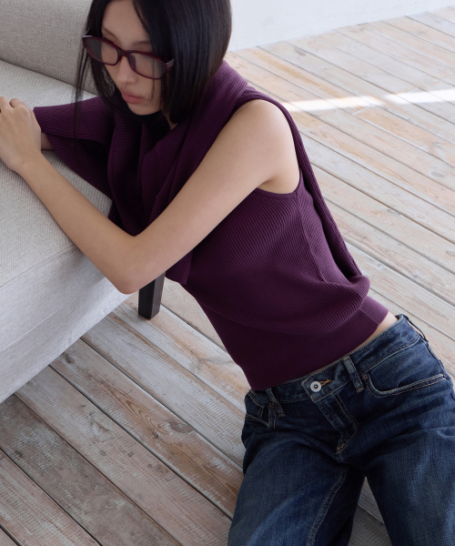Slim Rib Knit Top&Cardigan Set, PURPLE