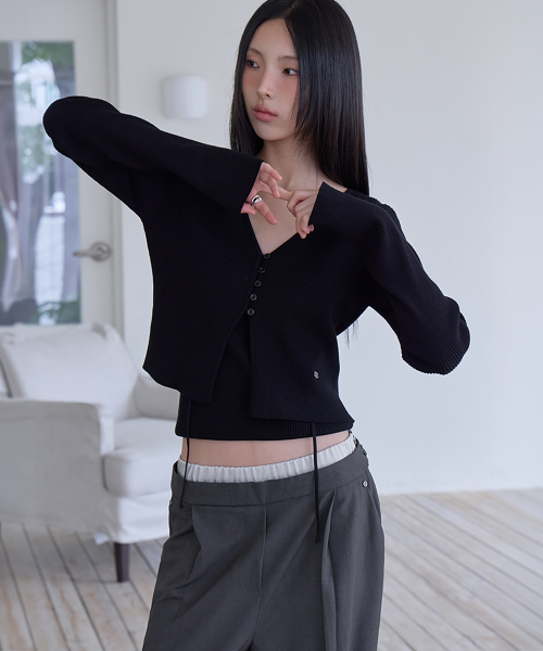 Slim Rib Knit Top&Cardigan Set, BLACK
