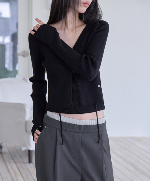Slim Rib Knit Top&Cardigan Set, BLACK