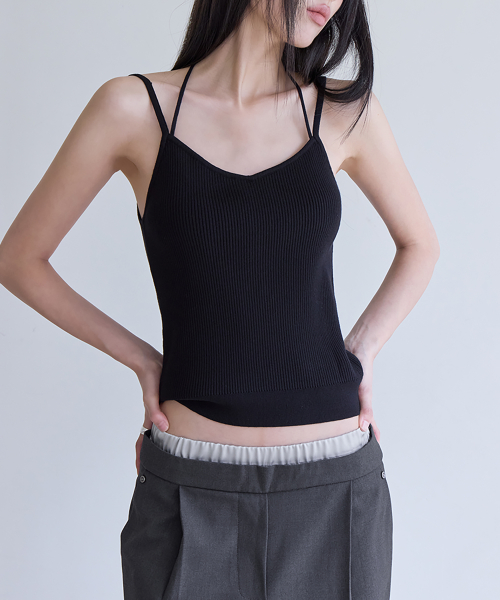 Slim Rib Knit Top&Cardigan Set, BLACK