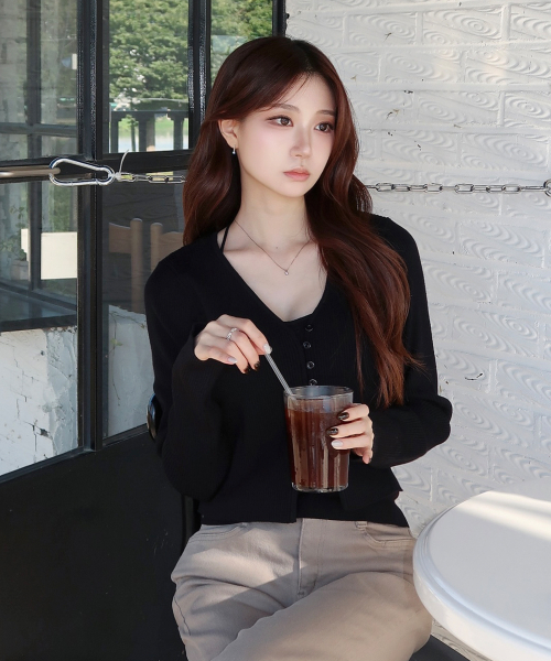 Slim Rib Knit Top&Cardigan Set, BLACK