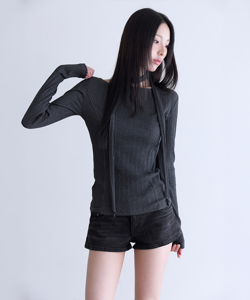 Tie Long Sleeve T-Shirt, CHARCOAL