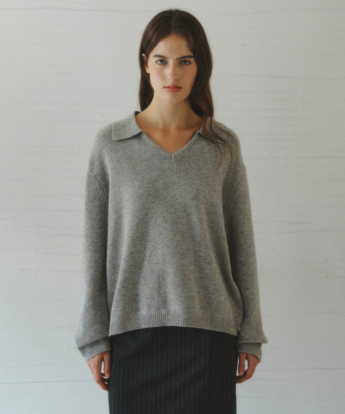 SERIN v-neck collar wool knit_GRAY