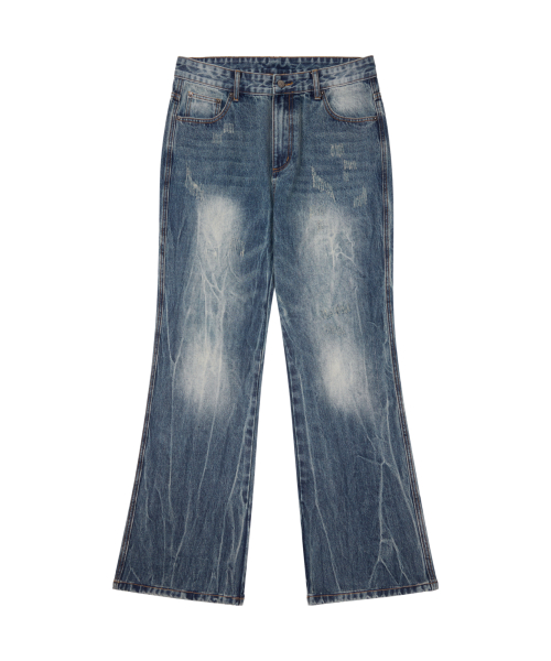Destroyed Streak Flare Denim Pants (Blue)