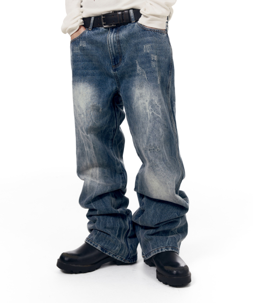 Destroyed Streak Flare Denim Pants (Blue)