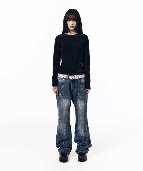 Destroyed Streak Flare Denim Pants (Blue)
