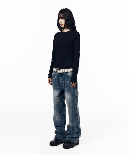 Destroyed Streak Flare Denim Pants (Blue)