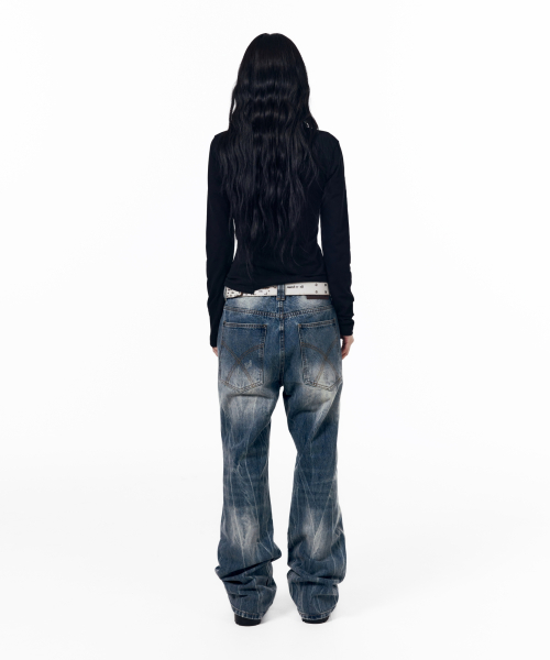 Destroyed Streak Flare Denim Pants (Blue)