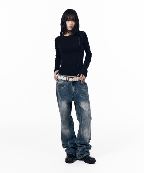Destroyed Streak Flare Denim Pants (Blue)