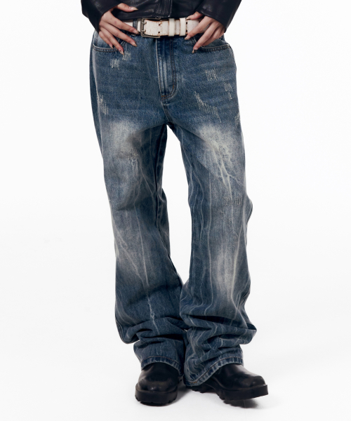 Destroyed Streak Flare Denim Pants (Blue)