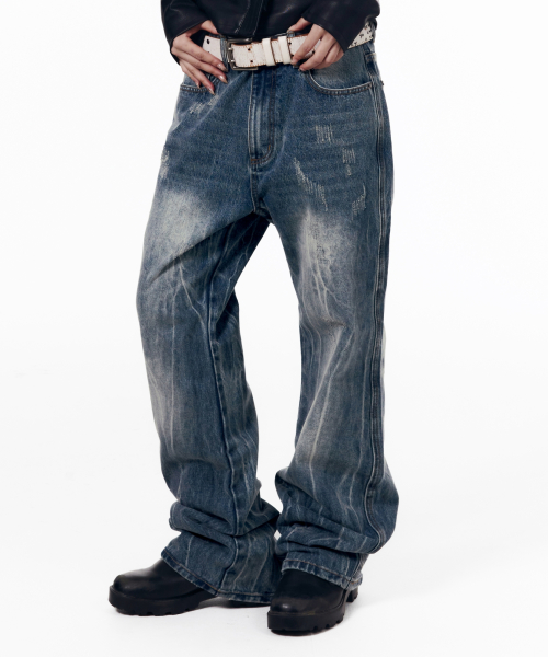 Destroyed Streak Flare Denim Pants (Blue)