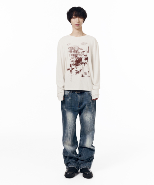 Destroyed Streak Flare Denim Pants (Blue)