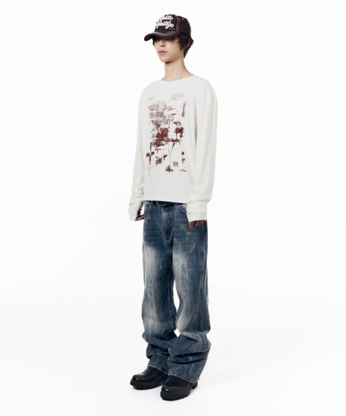 Destroyed Streak Flare Denim Pants (Blue)