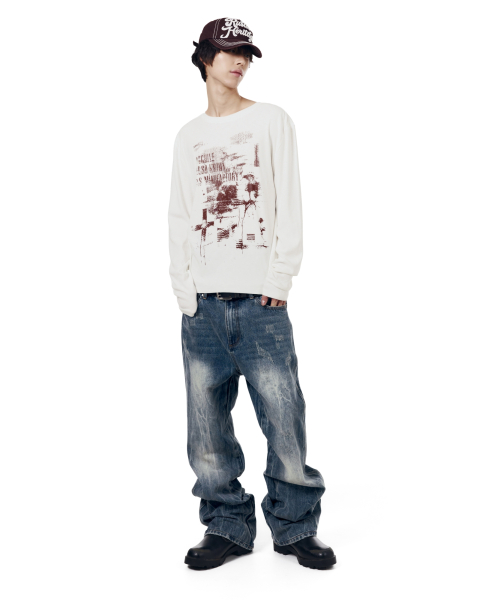 Destroyed Streak Flare Denim Pants (Blue)