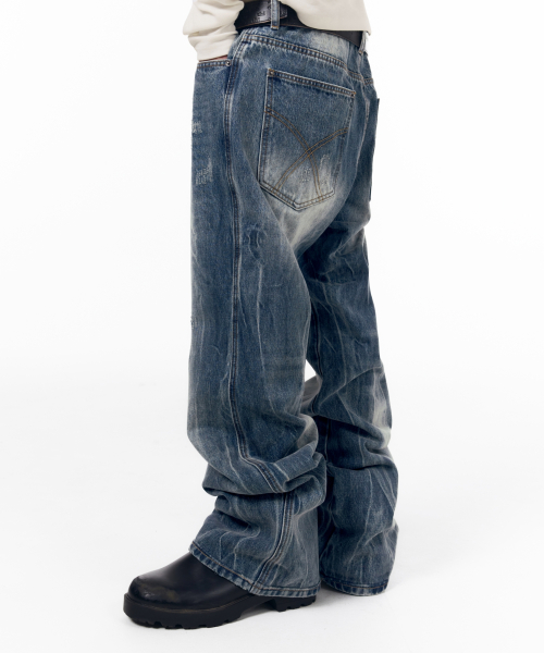 Destroyed Streak Flare Denim Pants (Blue)