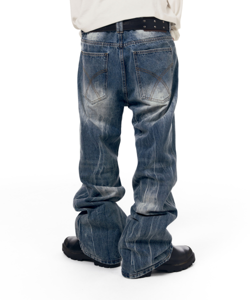 Destroyed Streak Flare Denim Pants (Blue)
