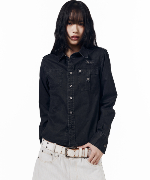 Vintaged Washed Pocket Long Shirts (Black)