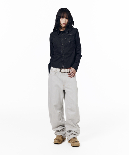 Vintaged Washed Pocket Long Shirts (Black)