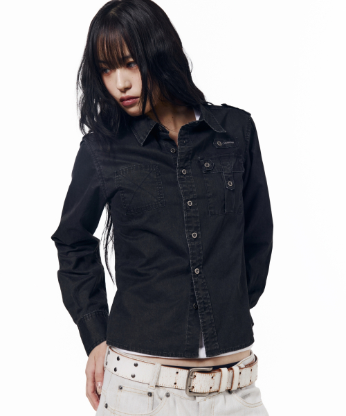 Vintaged Washed Pocket Long Shirts (Black)