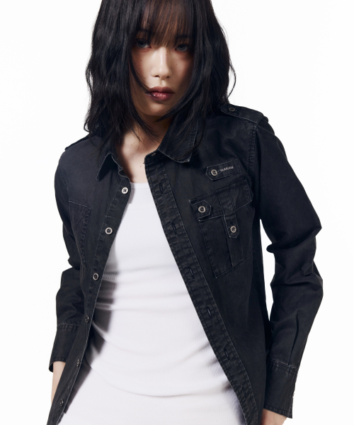 Vintaged Washed Pocket Long Shirts (Black)