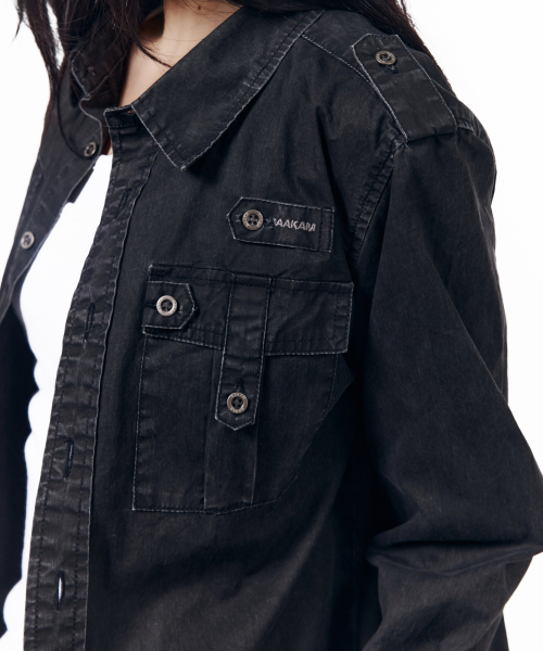 Vintaged Washed Pocket Long Shirts (Black)
