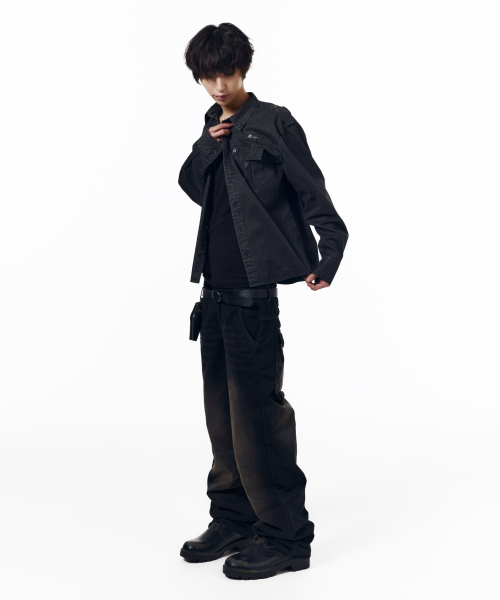 Vintaged Washed Pocket Long Shirts (Black)