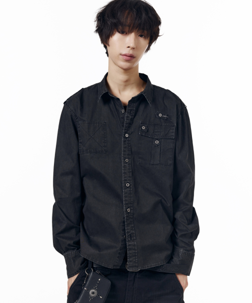 Vintaged Washed Pocket Long Shirts (Black)