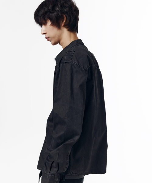 Vintaged Washed Pocket Long Shirts (Black)