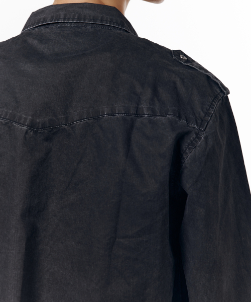 Vintaged Washed Pocket Long Shirts (Black)