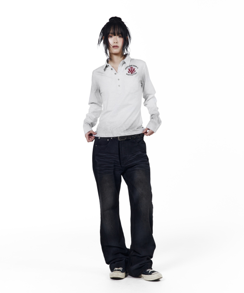 Vintaged Washed Pocket Long Shirts (Black)