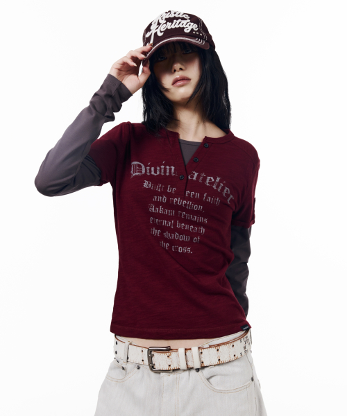 Henry Neck Layered Long Sleeve (Burgundy)