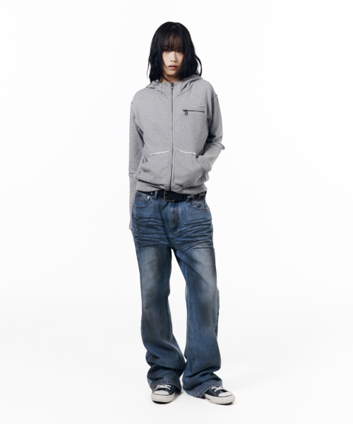 Waffle Sleeve Hoodie Zip-Up (Gray)