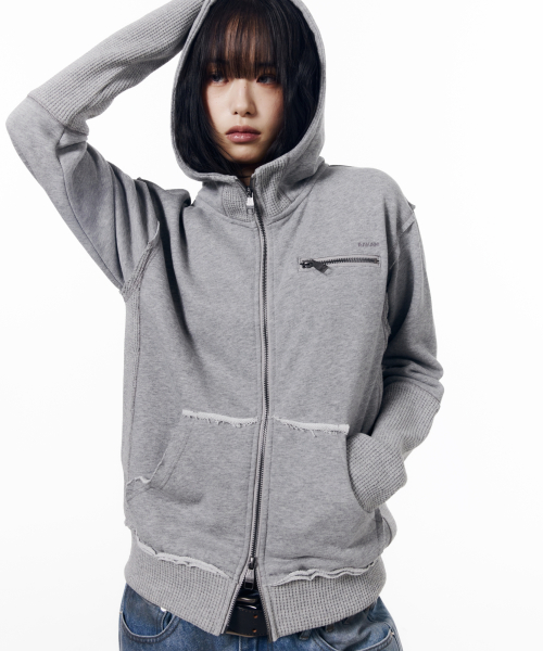 Waffle Sleeve Hoodie Zip-Up (Gray)