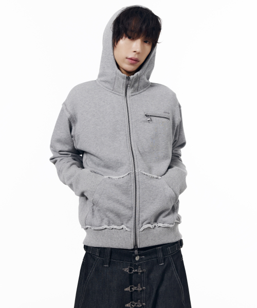 Waffle Sleeve Hoodie Zip-Up (Gray)