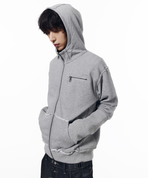 Waffle Sleeve Hoodie Zip-Up (Gray)