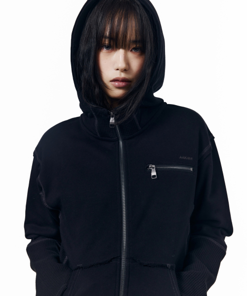 Waffle Sleeve Hoodie Zip-Up (Black)