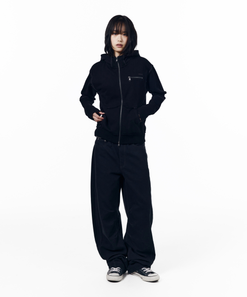 Waffle Sleeve Hoodie Zip-Up (Black)