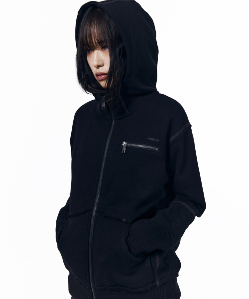 Waffle Sleeve Hoodie Zip-Up (Black)