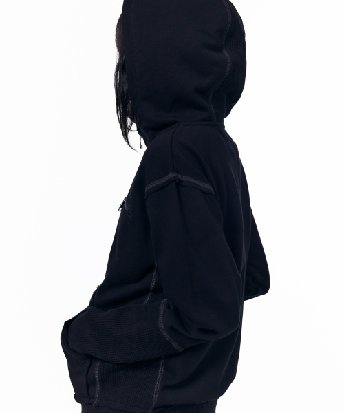 Waffle Sleeve Hoodie Zip-Up (Black)