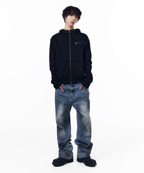 Waffle Sleeve Hoodie Zip-Up (Black)