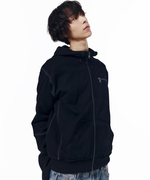 Waffle Sleeve Hoodie Zip-Up (Black)