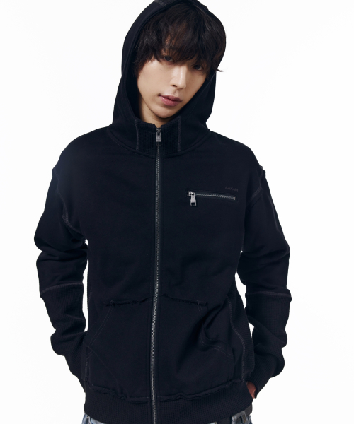 Waffle Sleeve Hoodie Zip-Up (Black)
