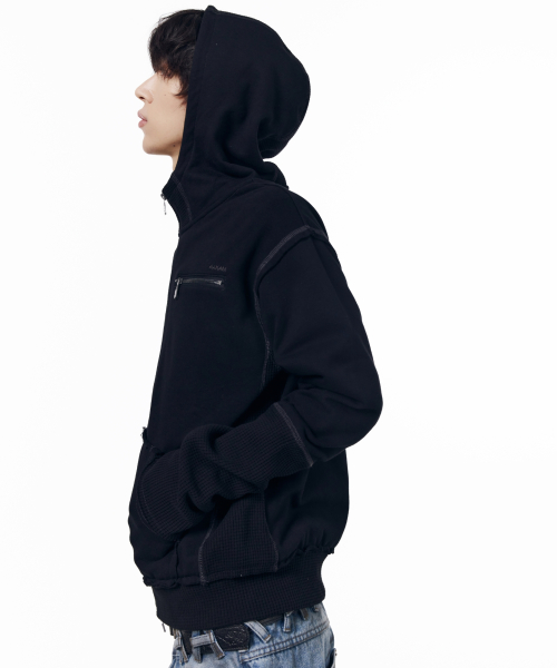 Waffle Sleeve Hoodie Zip-Up (Black)