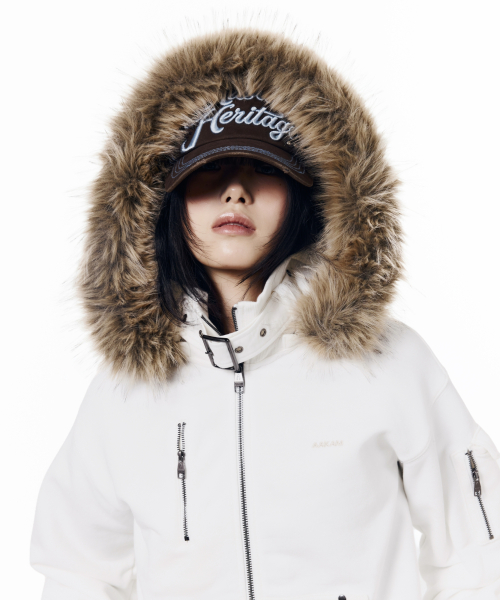 High Neck Fur Hoodie Zip-Up (White)