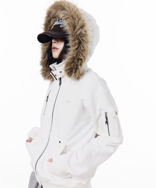 High Neck Fur Hoodie Zip-Up (White)