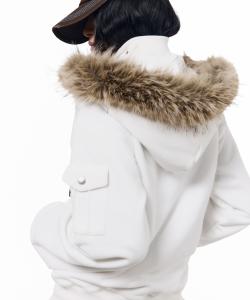High Neck Fur Hoodie Zip-Up (White)